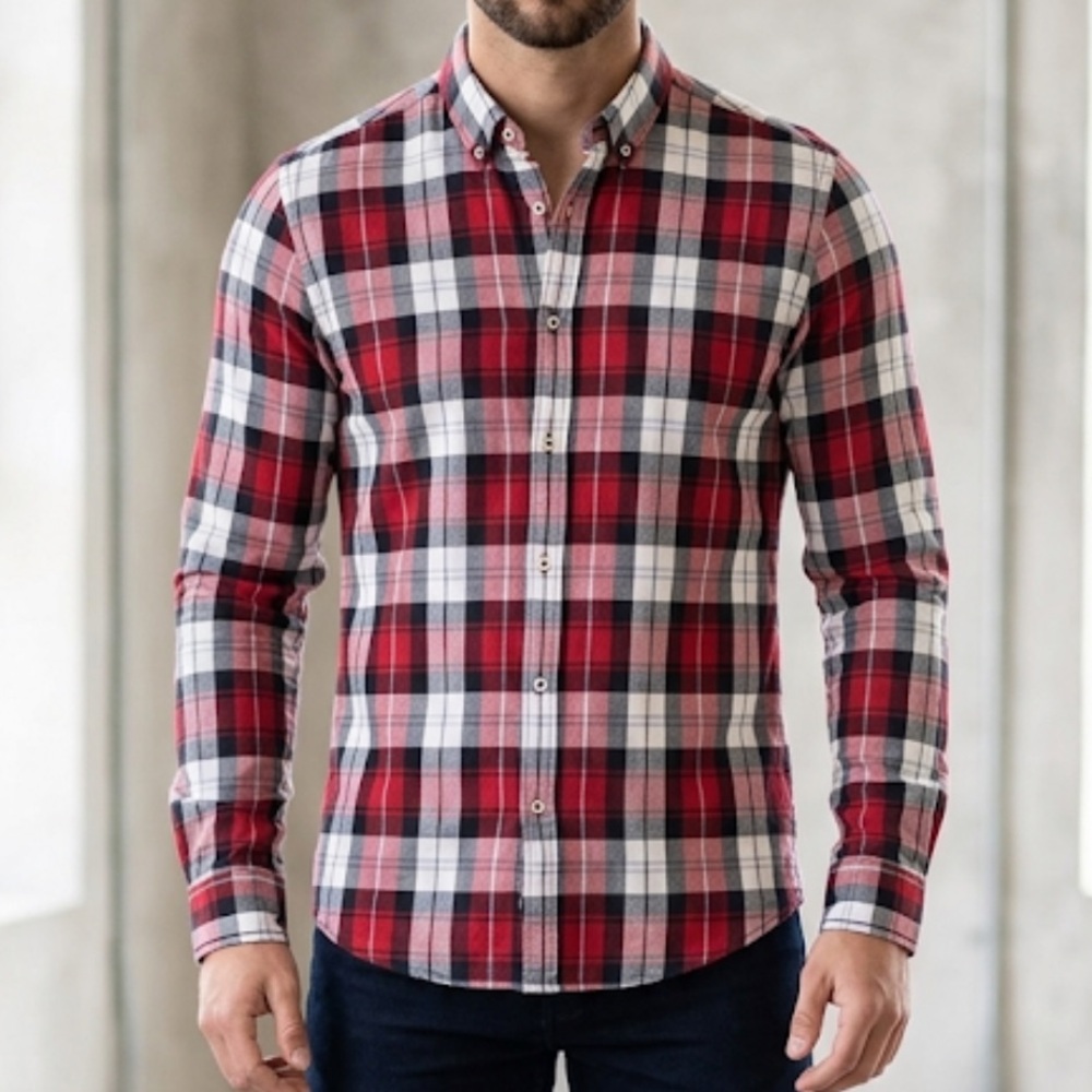 Zara Man Slim Fit Plaid Button Down Shirt Red Blue White Men's Size L